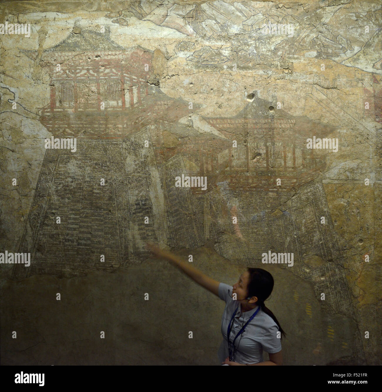 Side Tower mural unearthed from Prince Yide’s tomb.Tang Dynasty tomb murals. Shanxi Museum in Xi'an, China. Stock Photo