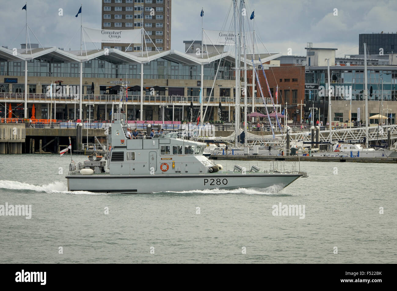 HMS Dasher, P280 Royal Navy patrol and training vessel in the entrance to Portsmouth Harbour, UK. Stock Photo