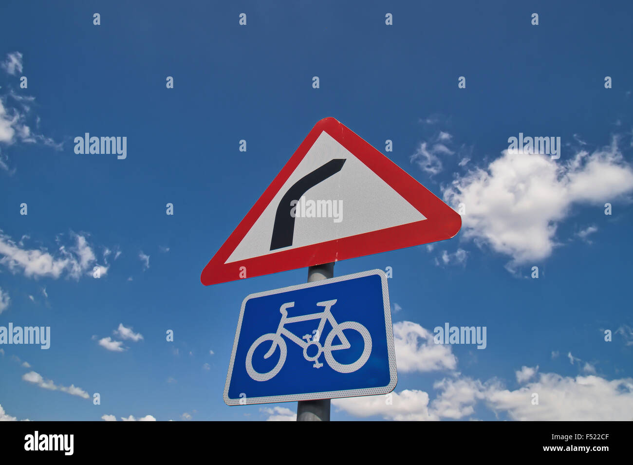 bend and cycle route road sign, Stock Photo
