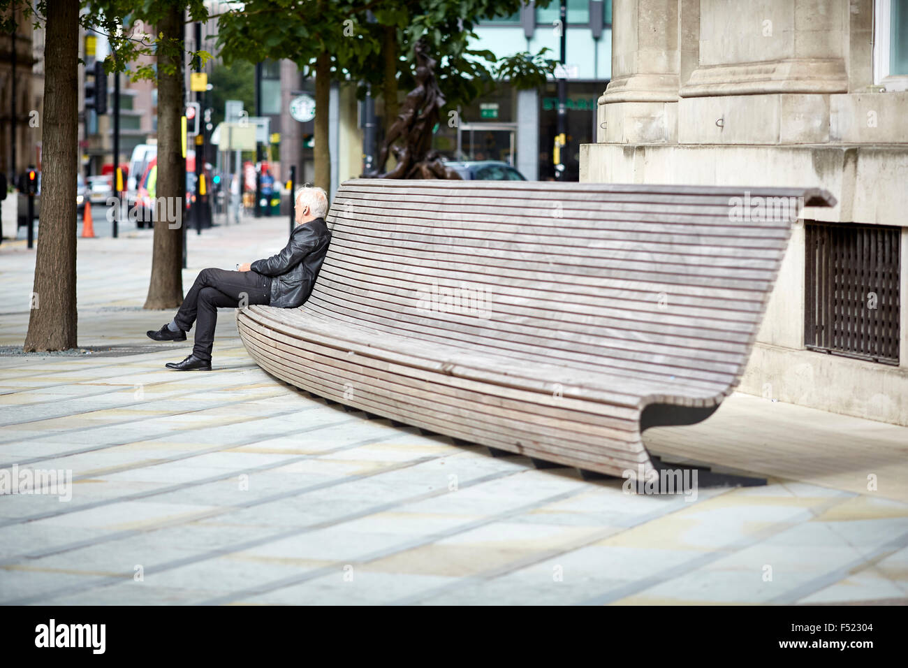 Modern public seating benches outside manchester Central library