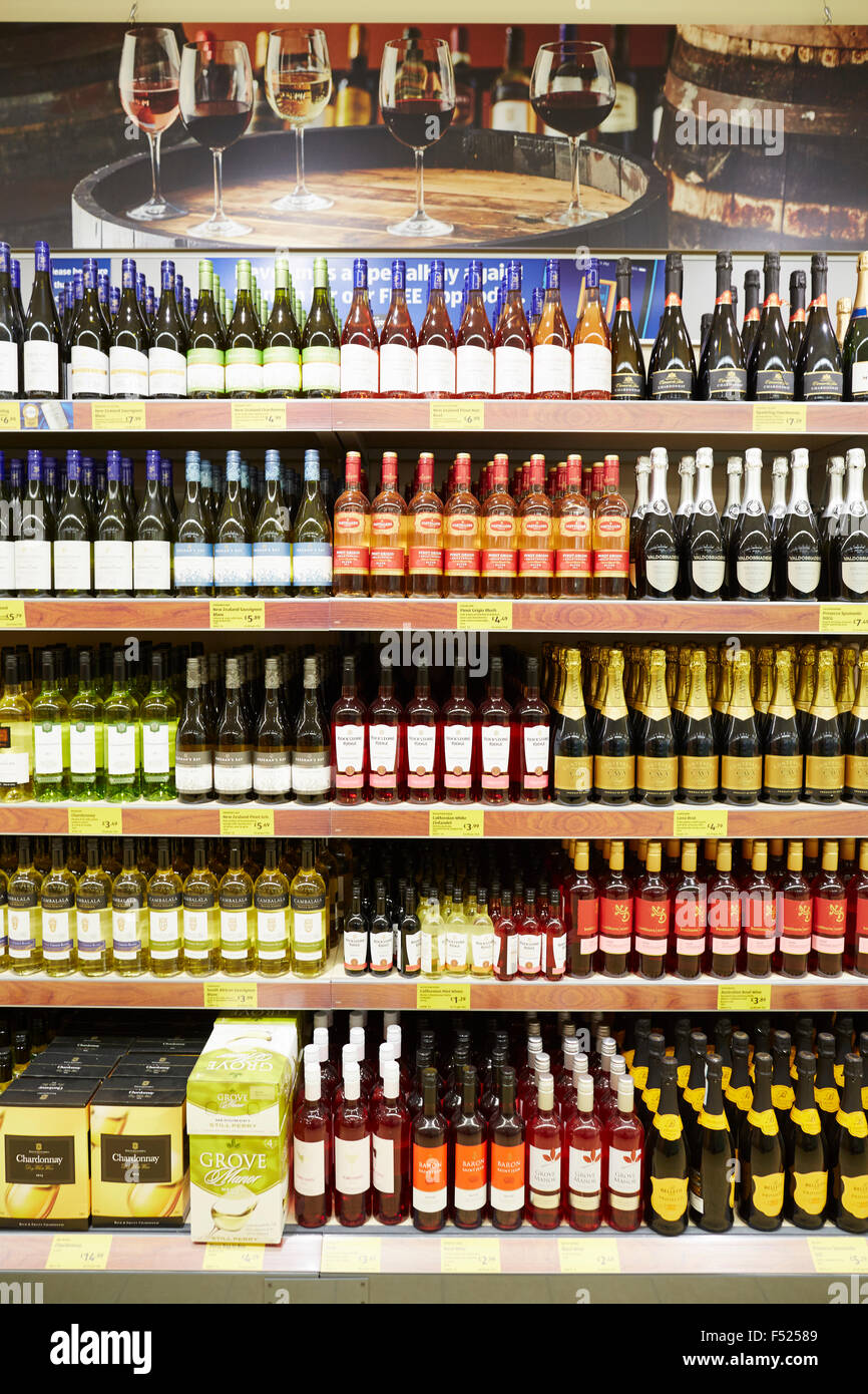 Liverpool Aldi in East Prescot grand re-opening.   Interior of the store racks alcohol wine bottles spirits beers   produce Stock Photo