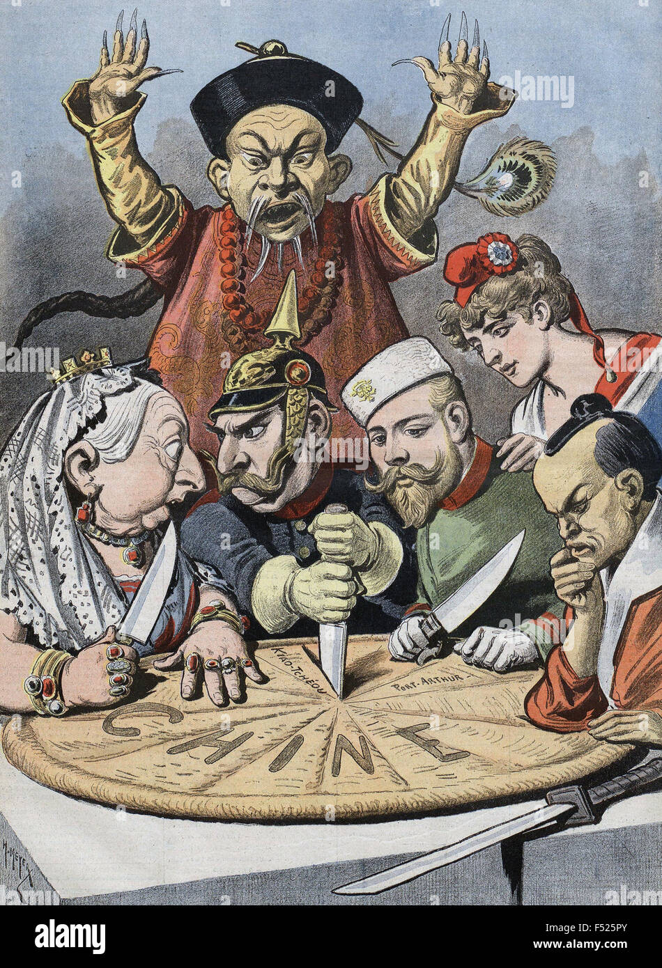 BOXER REBELLION 'China - the cake of Kings and Emperors' from Le Petit Journal 16 January 1898. From left Queen Victoria, Wilhelm II of Germany, Tsar Nicholas II, a Japanese samurai figure ponders his options while France - symbolised by Marianne - takes no part in the feast of territory and influence. Stock Photo