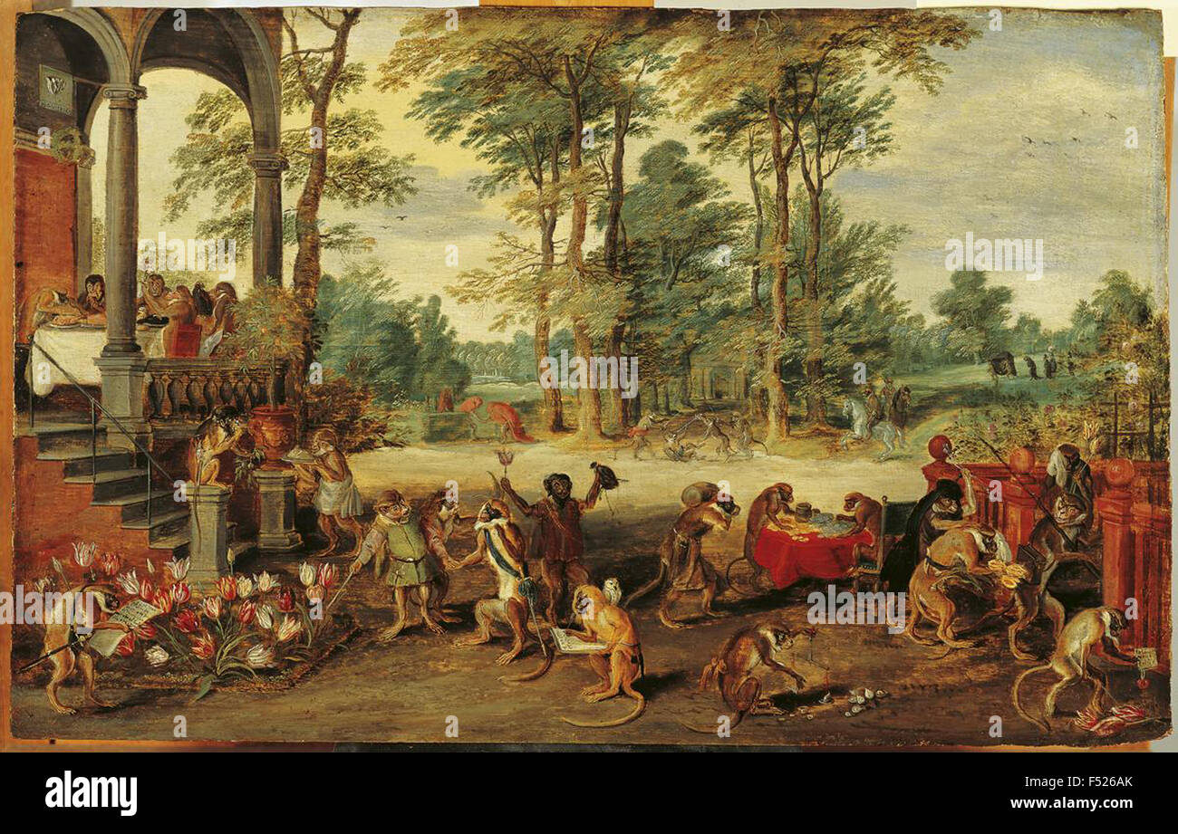 A SATIRE OF THE TULIP MANIA painting by Jan Brueghel the Younger about 1640 satirising the speculators as monkeys Stock Photo