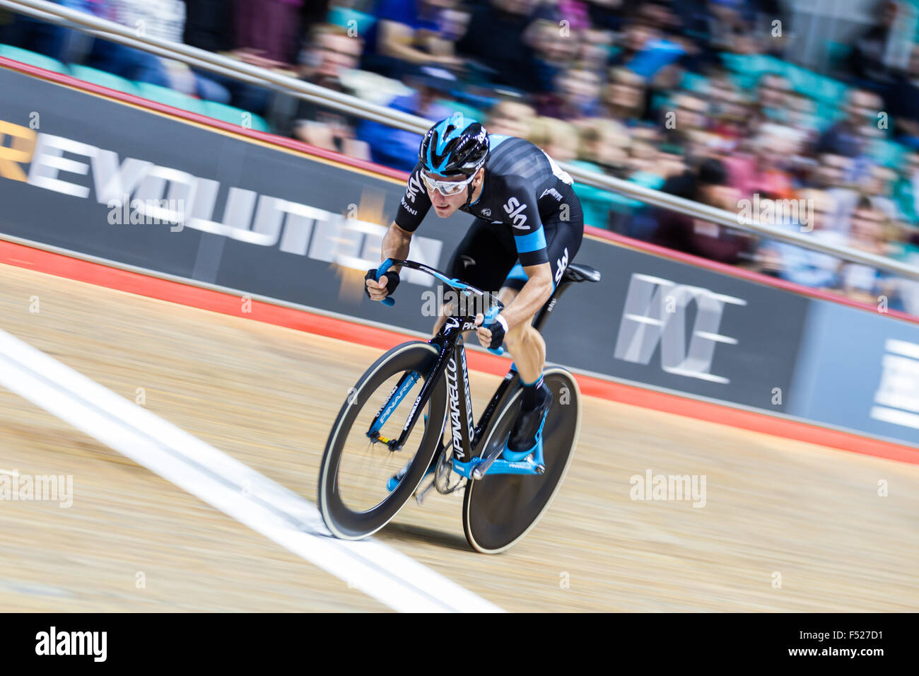 Italian Elia Viviani competes during the Revolution cycling competition at the National Cycling Centre, Manchester UK Stock Photo