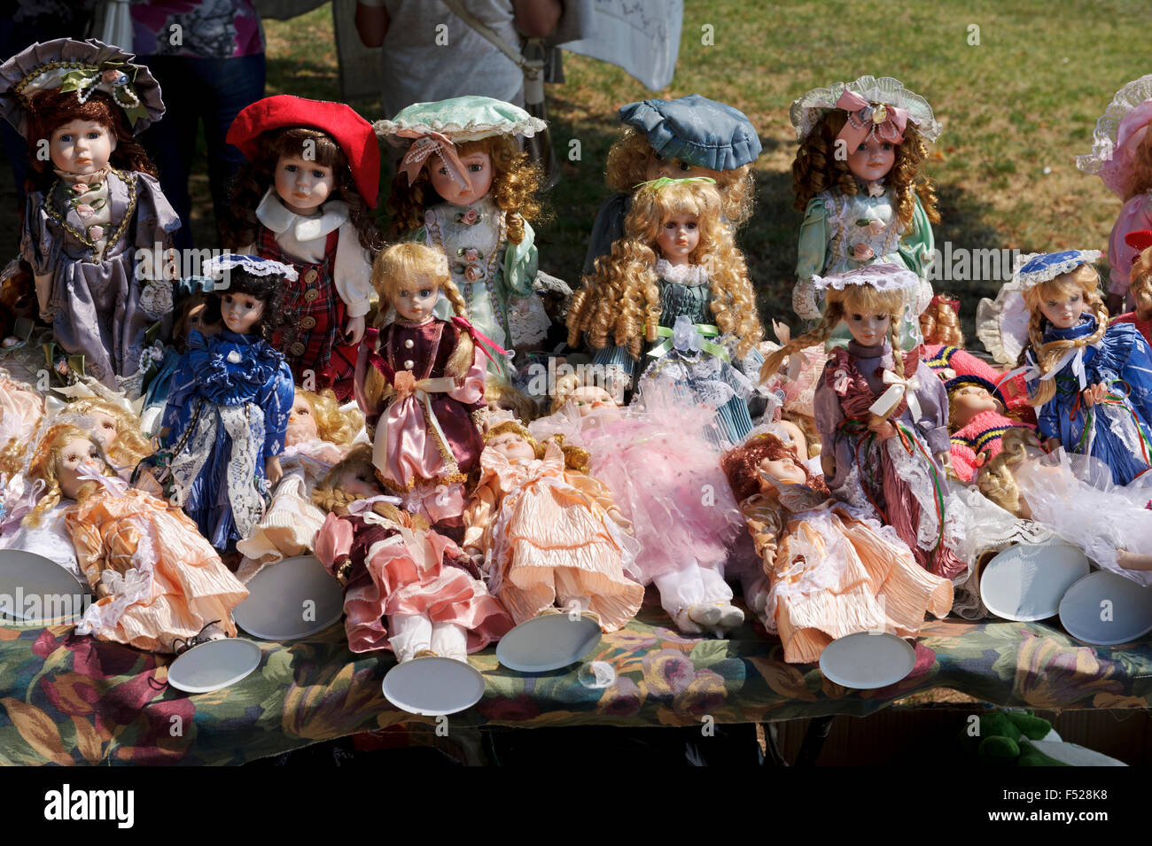 Colourful Hungarian dolls in costumes on sale, Hungary. Stock Photo