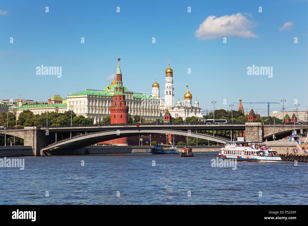 MOSCOW, RUSSIA - JULY 4, 2015: View of the Moscow Kremlin and the Bolshoy Kamenny bridge over Moskva river Stock Photo