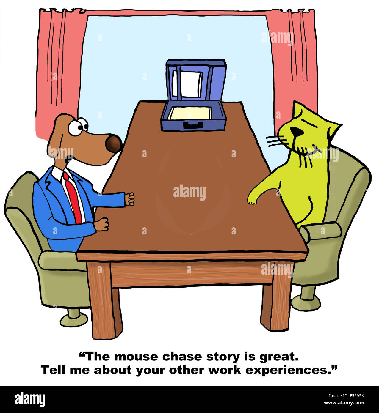Business cartoon of dog interviewer saying to job candidate cat, 'The mouse chase story is great... other work experiences'. Stock Photo