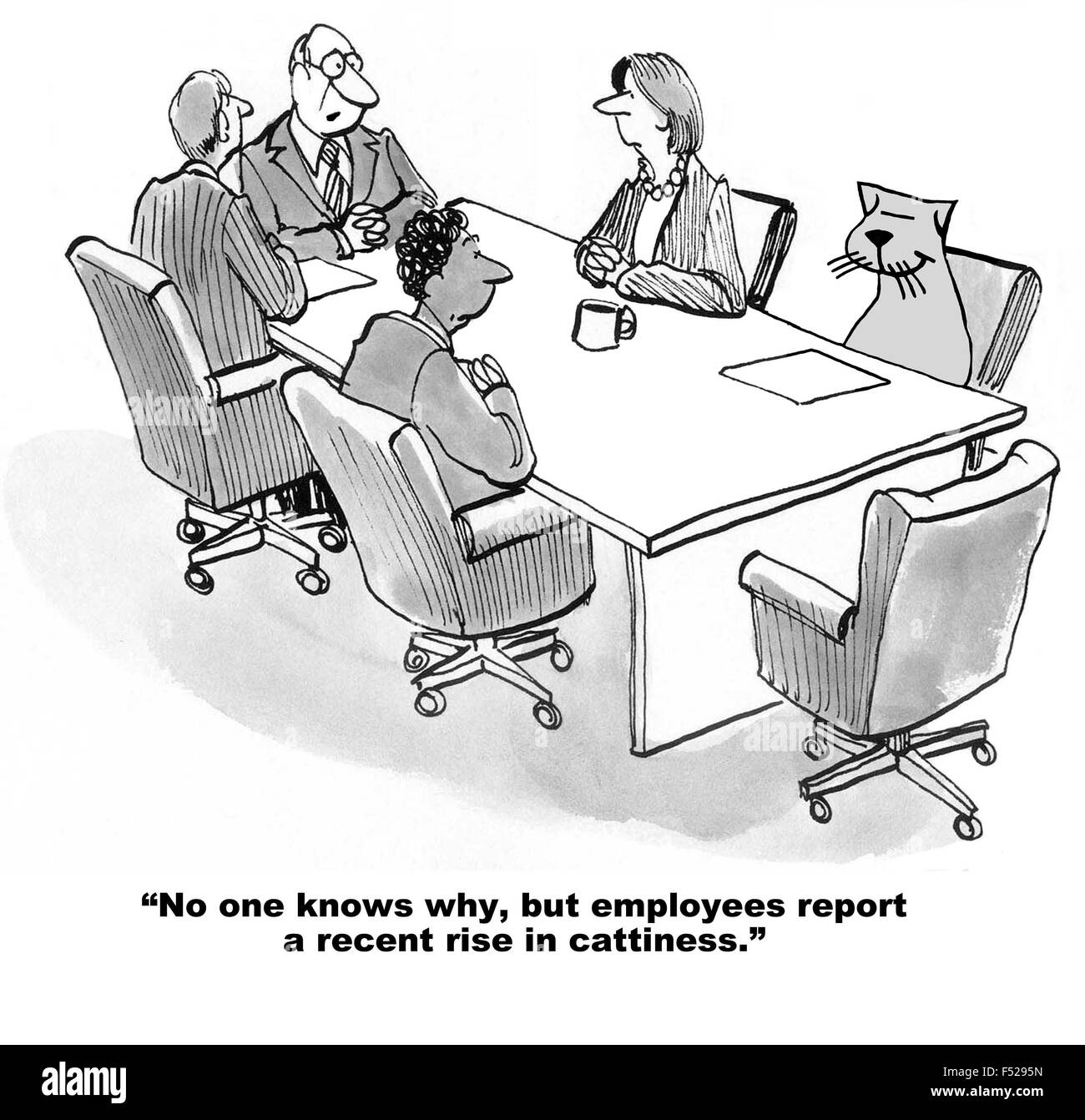 Business cartoon of a meeting, including a cat, 'No one knows why, but employees report a recent rise in cattiness'. Stock Photo