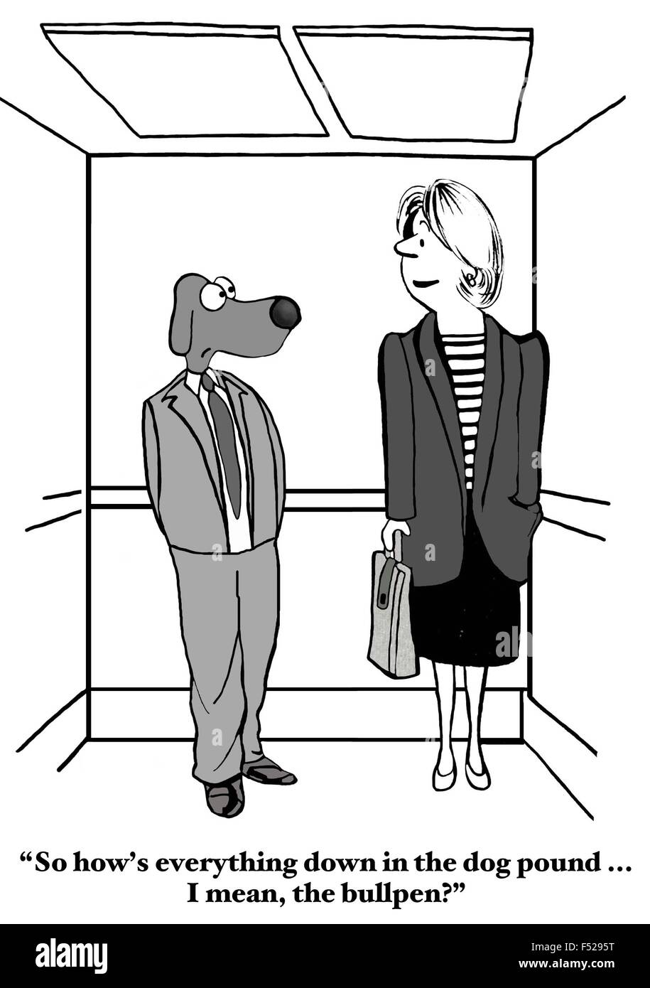 Business cartoon of businesswoman asking dog, 'So how's everything down an the dog pound... I mean, the bullpen?'. Stock Photo