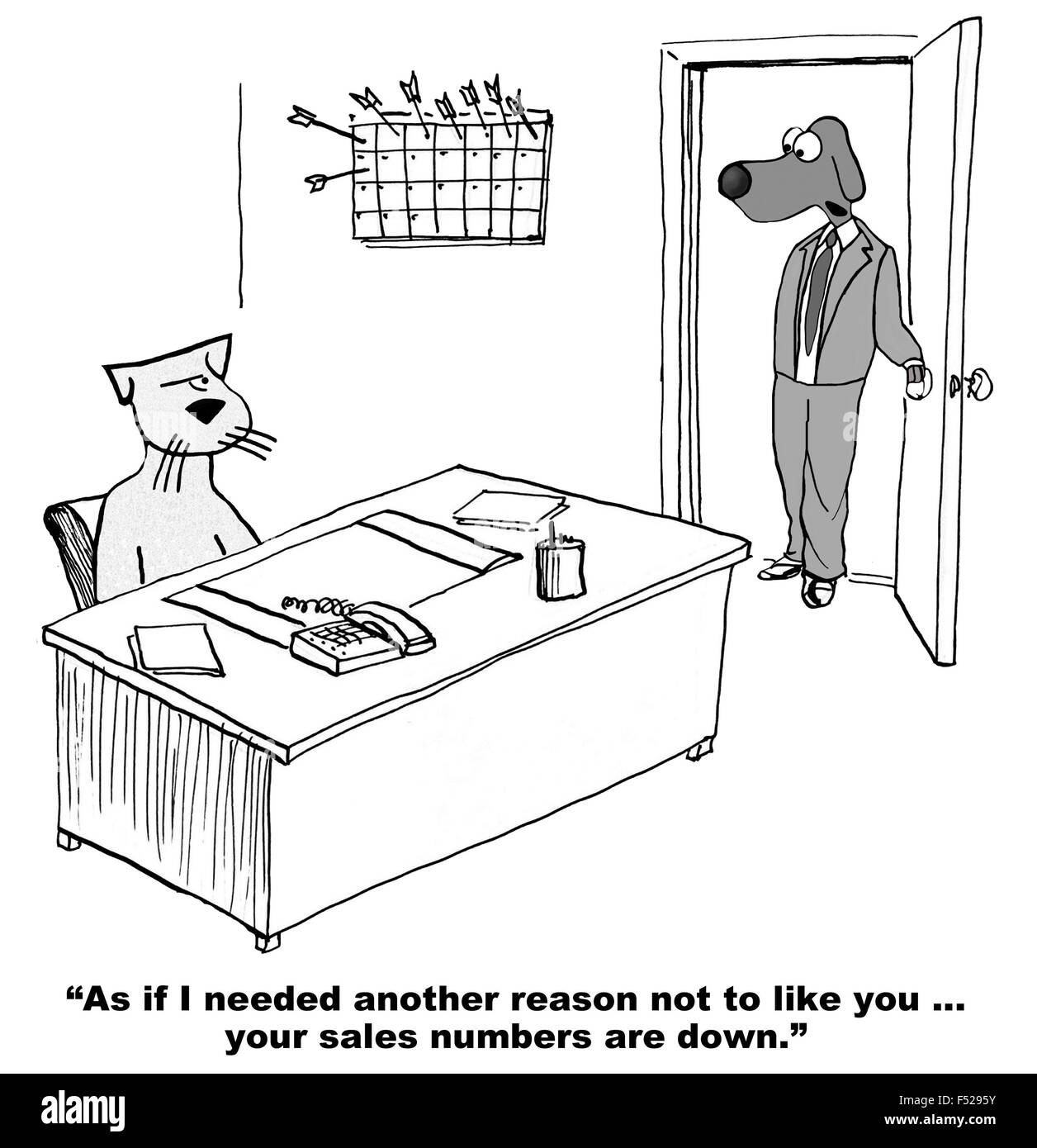 Business cartoon of boss dog saying to salesman cat, '... another reason not to like you... your sales numbers are down'. Stock Photo