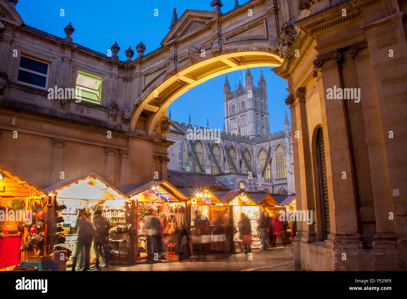 Bath Christmas Market Abbey and archway stalls Bath Somerset England UK