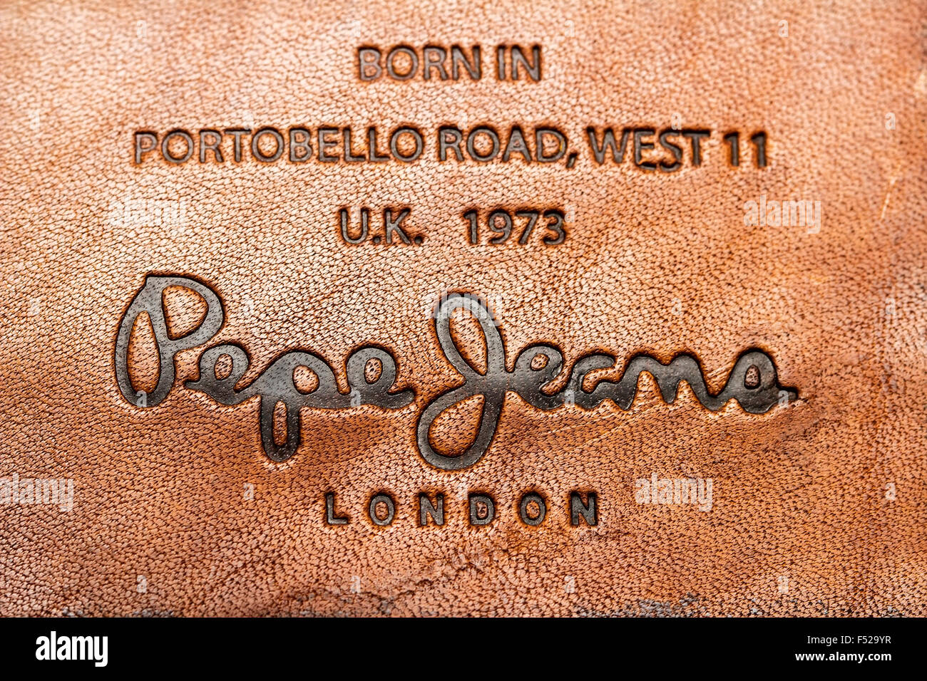 Leather back patch close-up by Pepe Jeans London Stock Photo