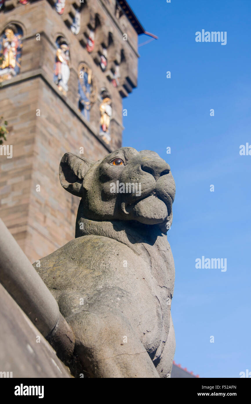 Lion sculpture Animal Wall Cardiff Castle clock tower Bute Park Cardiff