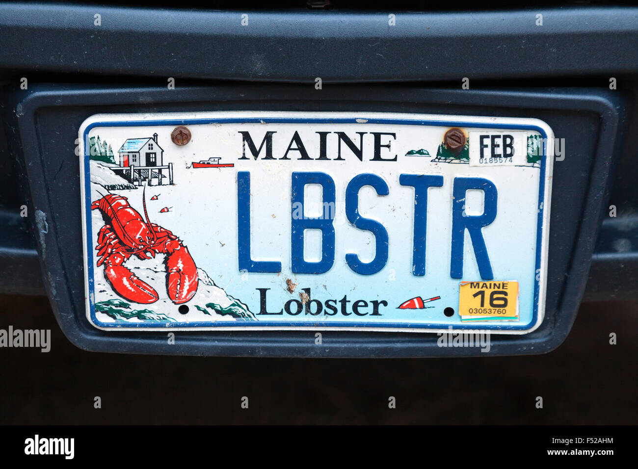 A Maine car number plate with a lobster related number; Maine New England USA Stock Photo