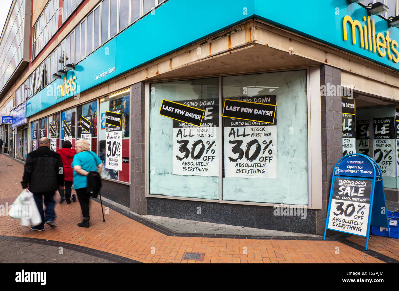 Millets Closing Down Sale, shop front Church St, Blackpool, Lancashire