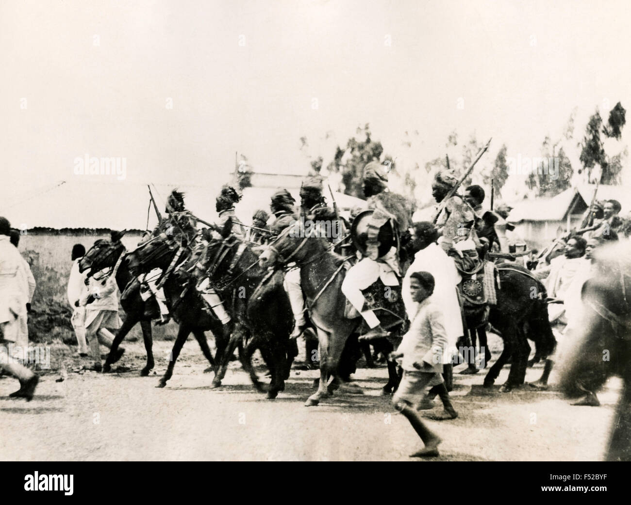 Ethiopian troops on horseback move to deal with the Italian invasion , Addis Ababa, Ethiopia Stock Photo