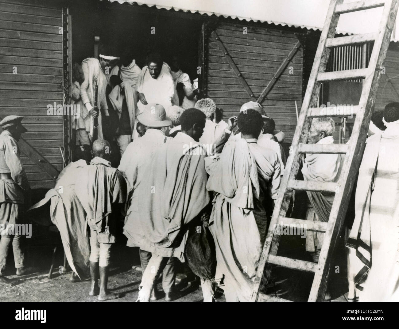 Ethiopian soldiers departing by train to deal with the Italian invasion , Ethiopia Stock Photo