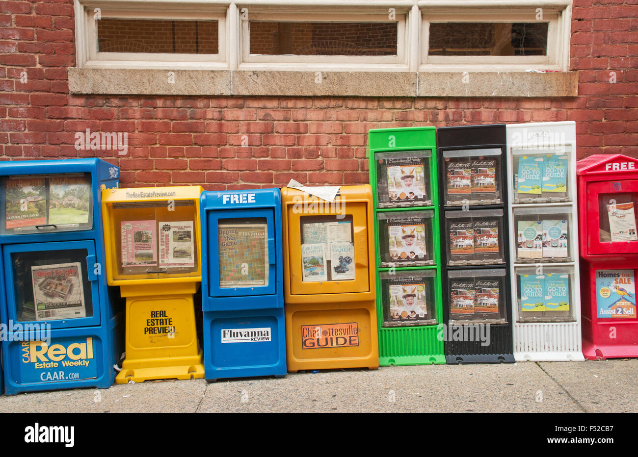 Free newspaper and magazine dispensers Charlottesville, Virginia, USA Stock Photo