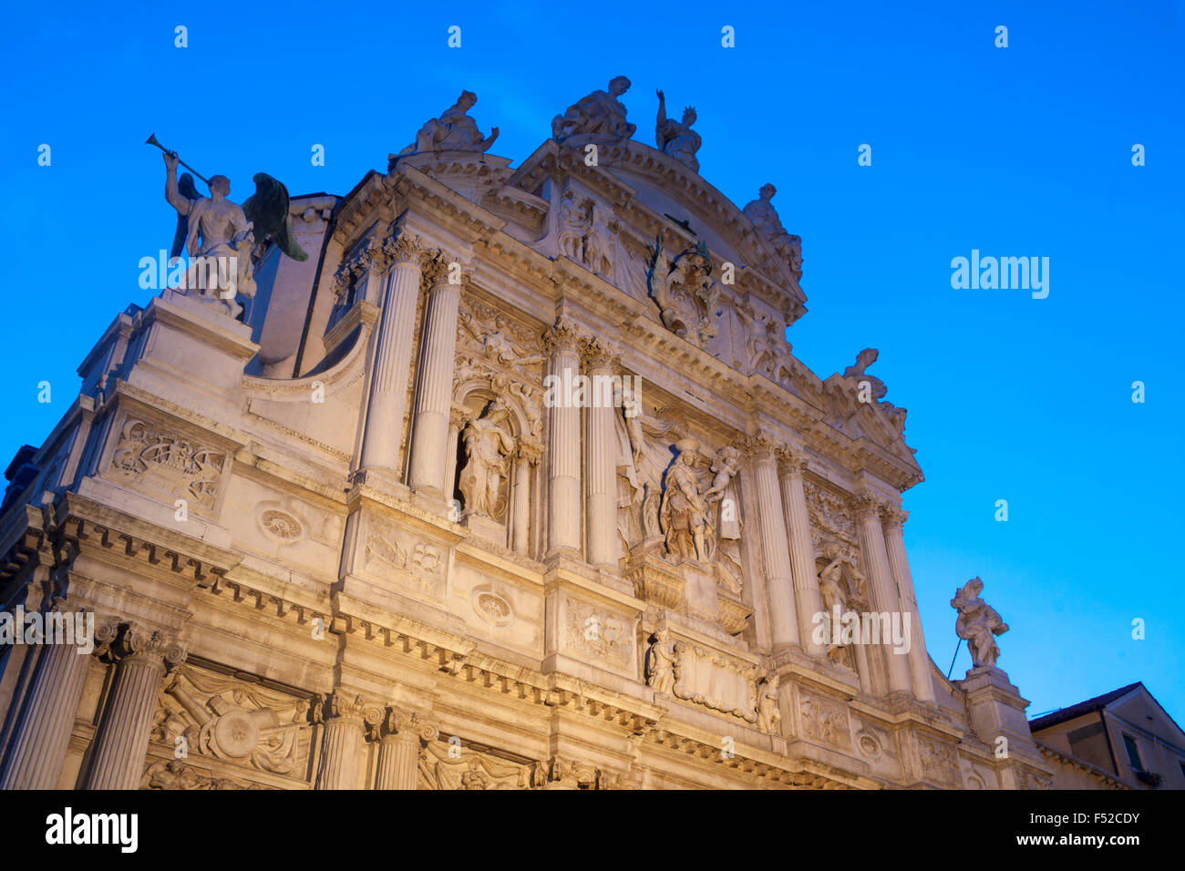 Facade of church of Santa Maria del Giglio or Santa Maria Zobenigo at night twilight dusk Venice Veneto Italy Stock Photo
