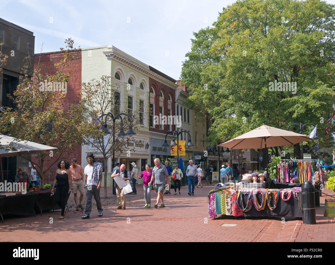 People walking down Charlottesville Main Street, Virginia, USA Stock Photo