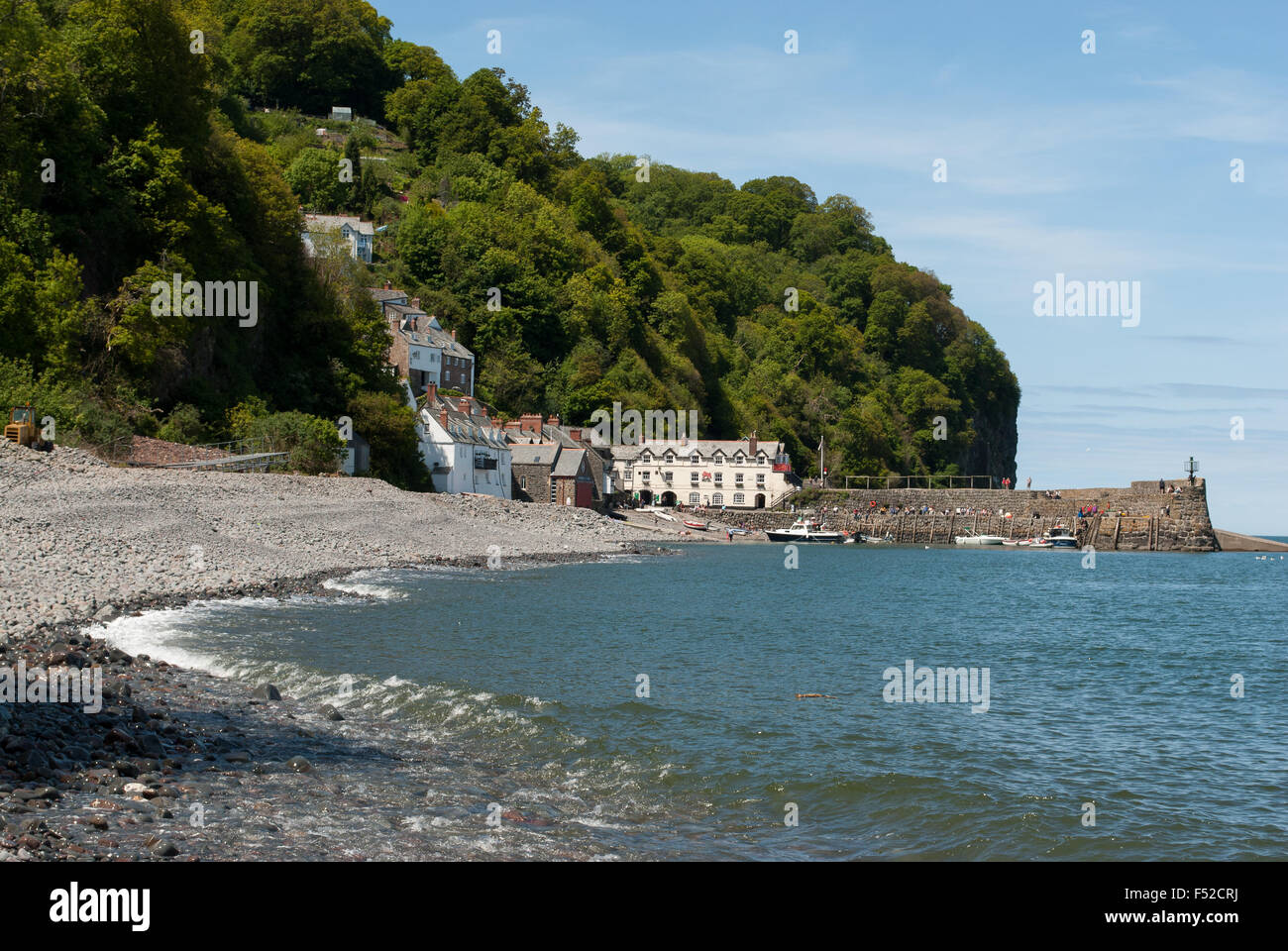 Clovelly, Devon, UK, with beach in foreground Stock Photo