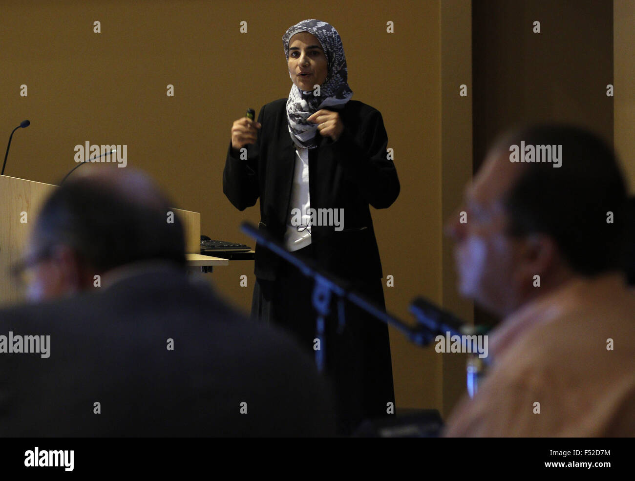 Las Cruces, NM, USA. 23rd Oct, 2015. Rajaa Shindi delivers the presentation of her start-up BrainSTEM to local ''sharks'' during the Aggie Shark Tank event at New Mexico State University in Las Cruces, N.M., Friday, Oct. 23, 2015. © Andres Leighton/Albuquerque Journal/ZUMA Wire/Alamy Live News Stock Photo