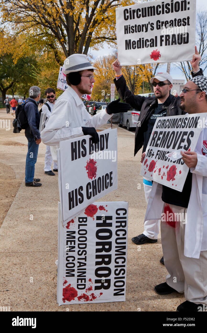 Washington DC, USA. 26th October, 2015. Bloodstained Men and Their Friends, an organization who raises awareness and educates about the functions and value of prepuce (male foreskin, female clitoral hood), rallied and talked with citizens in the city. Credit:  B Christopher/Alamy Live News Stock Photo