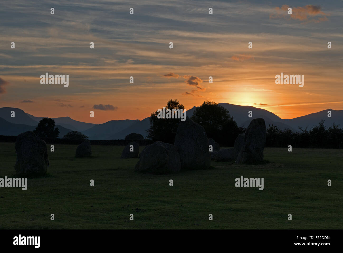 Sunset at Castlerigg stone circle near Keswick, Lake District, Cumbria, England, Uk, Gb Stock Photo