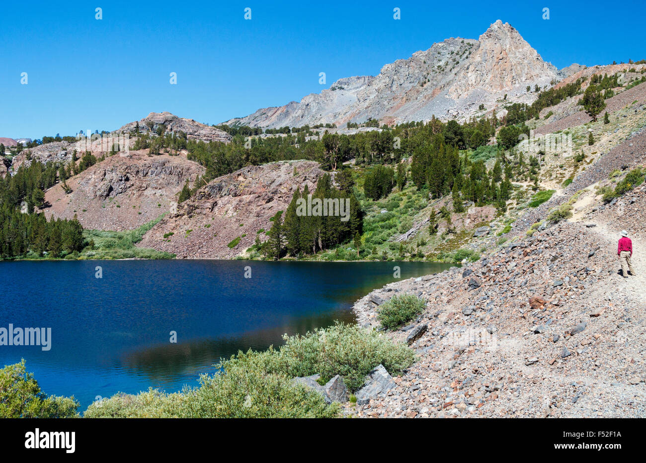 Hiker on the Virginia Lakes Trail in the Eastern Sierra in Northern California Stock Photo