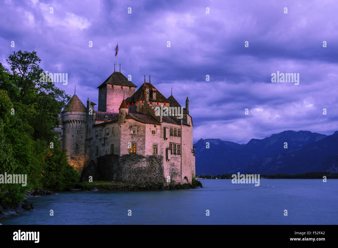 The Chateau de Chillon at twilight. Lake Geneva, Switzerland. Stock Photo