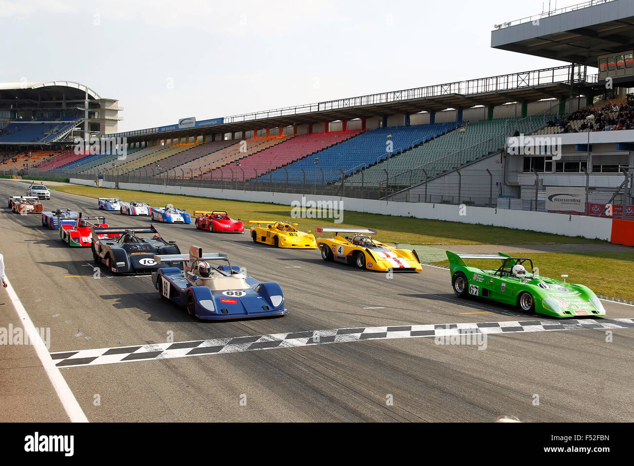 Cars, Hockenheim Historic, historic racing cars, start formation, Start-finish straight in front of tribunes, Stock Photo