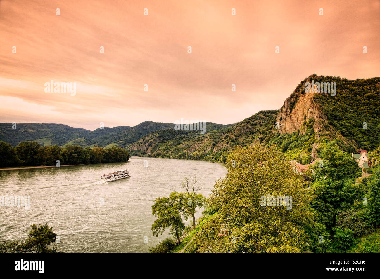 A cruise boat on the Danube River at Durnstein, Austria Stock Photo