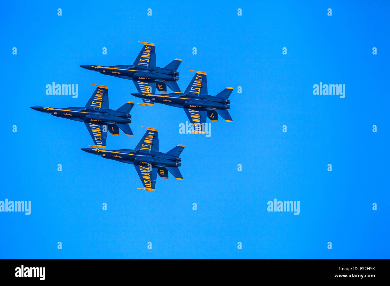 Blue Angels F/A-18 Hornet aircrafts performing flight formation, San Francisco, California, USA Stock Photo