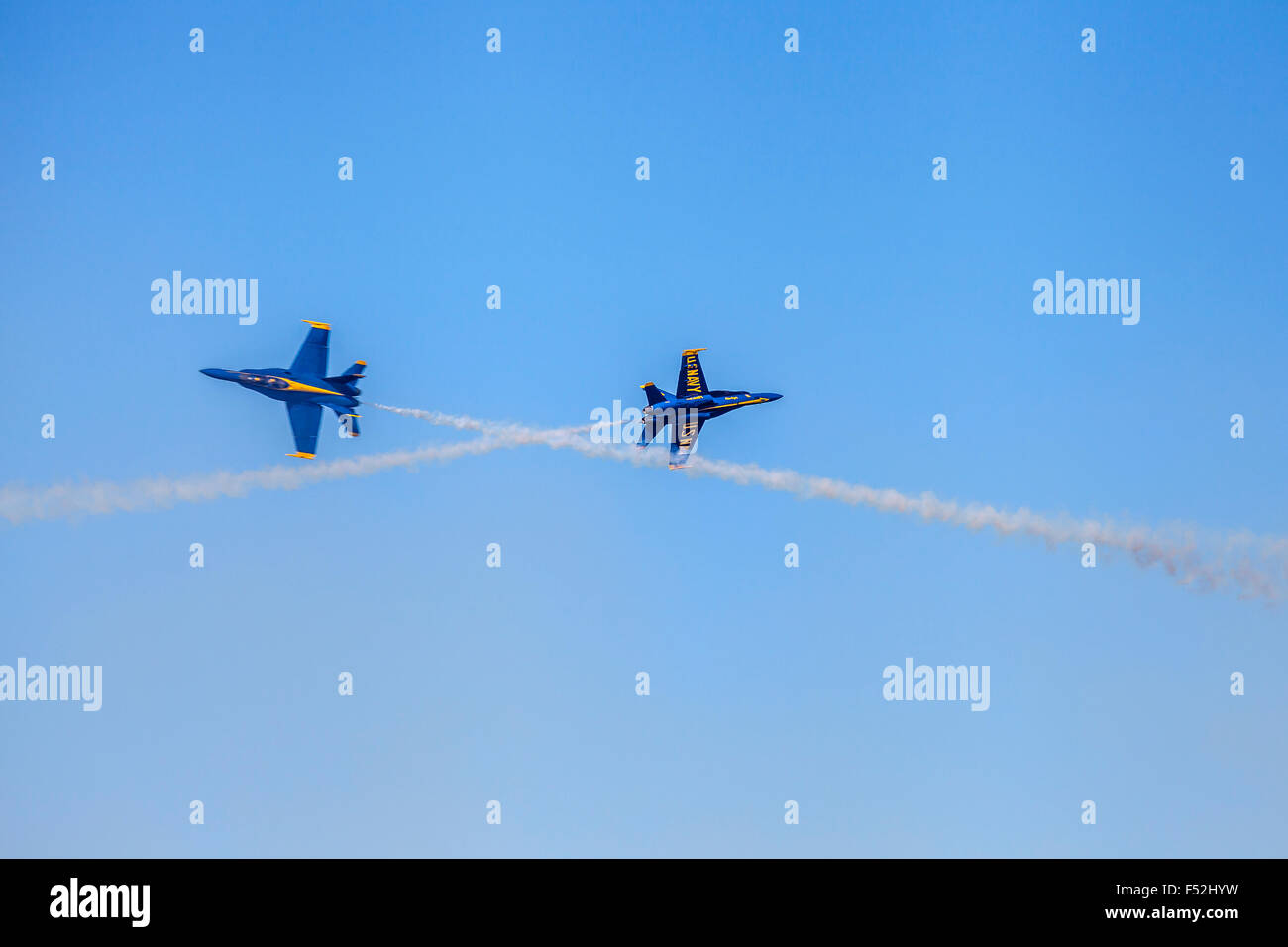 Blue Angels F/A-18 Hornet aircrafts crossing, San Francisco, California, USA Stock Photo