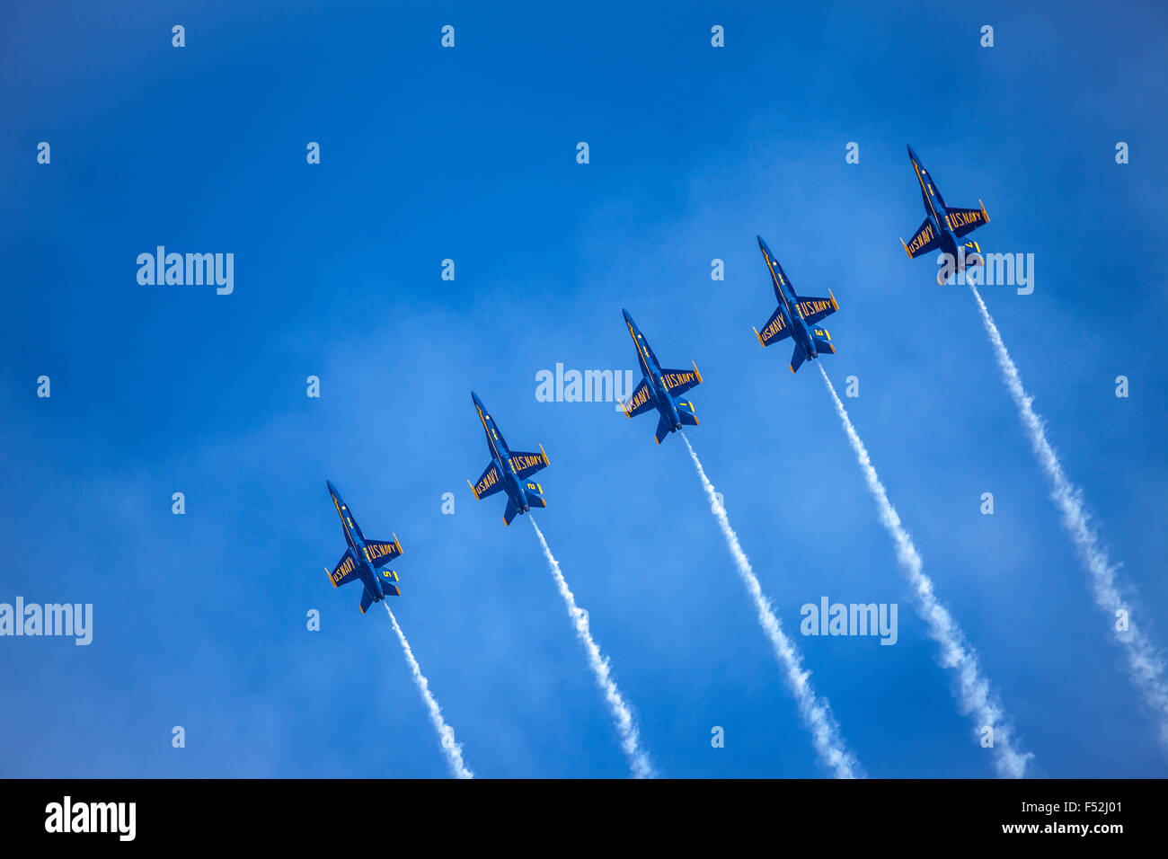Blue Angels F/A-18 Hornet aircrafts performing flight formation, San Francisco, California, USA Stock Photo