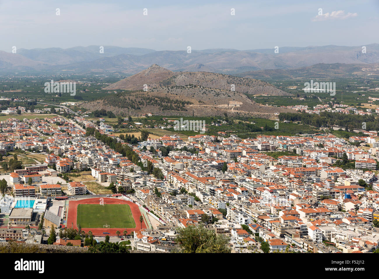 Aerial view of Nafplio, Greece showing a sports complex with soccer field Stock Photo