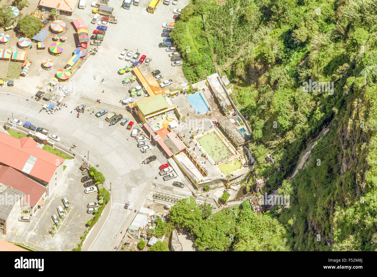 Aerial Vertical Shot From High Altitude Of A Touristic Complex In Banos De Agua Santa Stock Photo