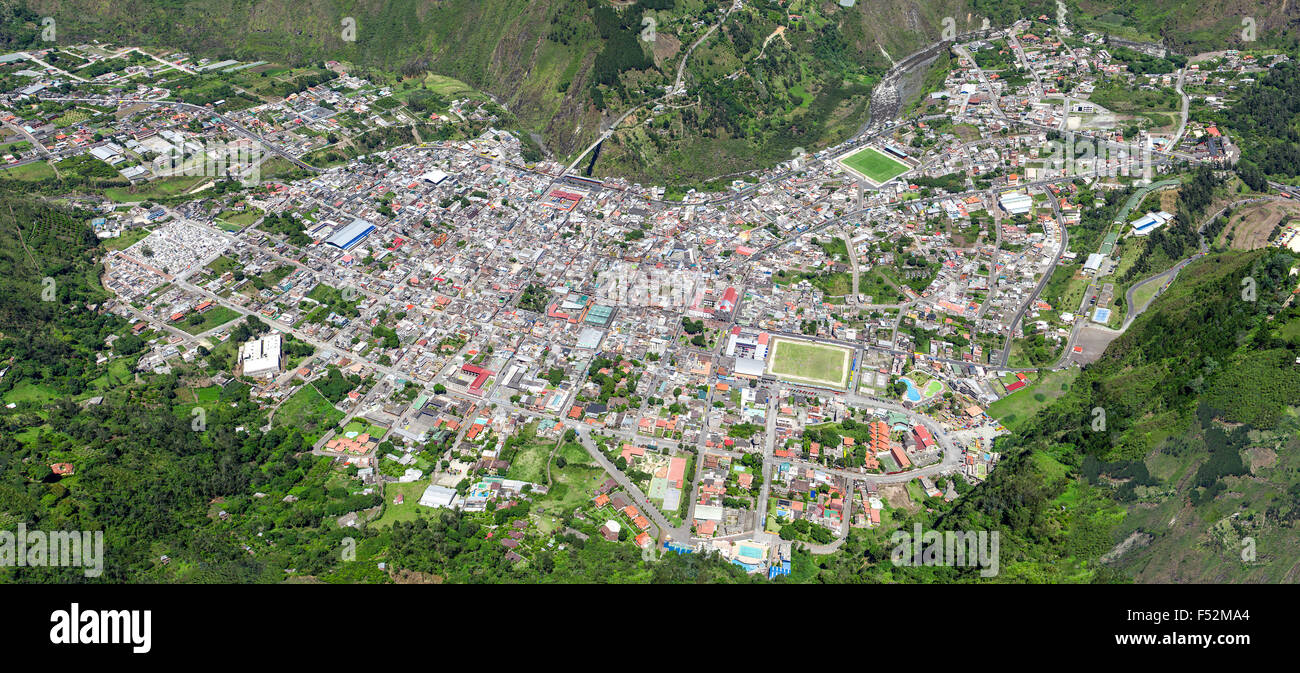 Banos De Agua Santa City Aerial Shot From Full Size Helicopter High Altitude Panorama Stitched Images Tungurahua Province Ecuador Stock Photo