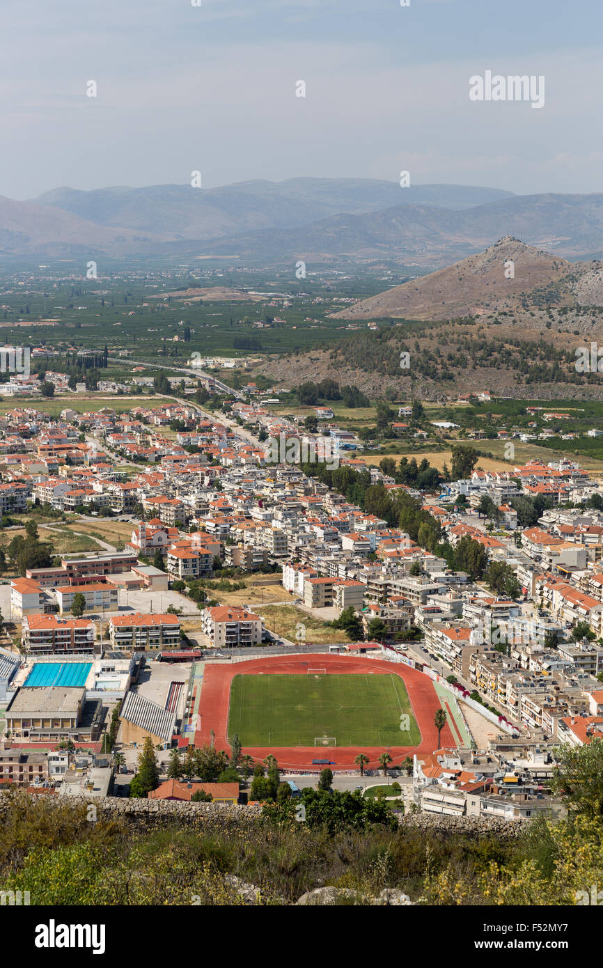 Aerial view of Nafplio, Greece showing a sports complex with soccer field Stock Photo