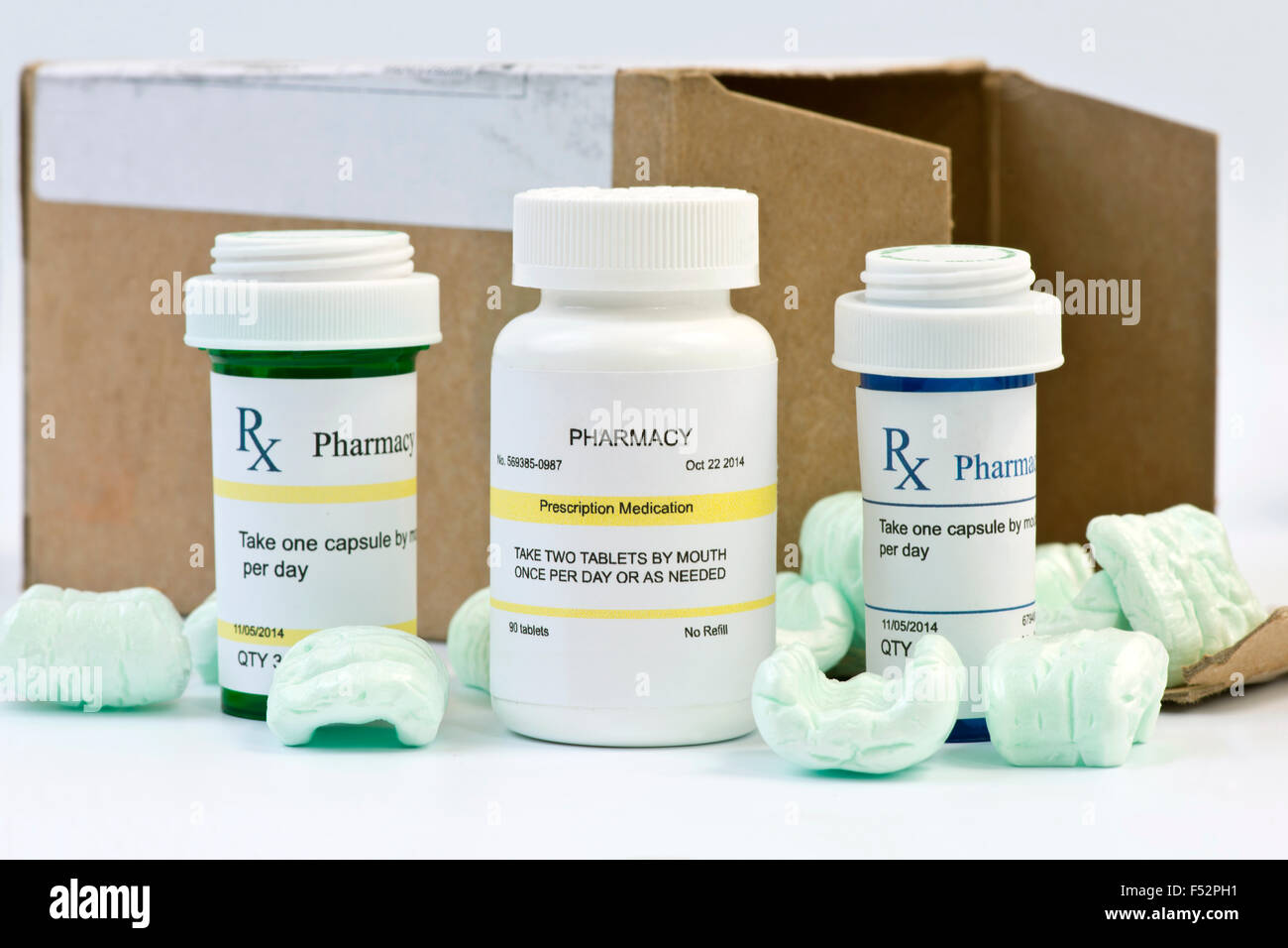 Mail order prescriptions with box and styrofoam peanuts. Stock Photo