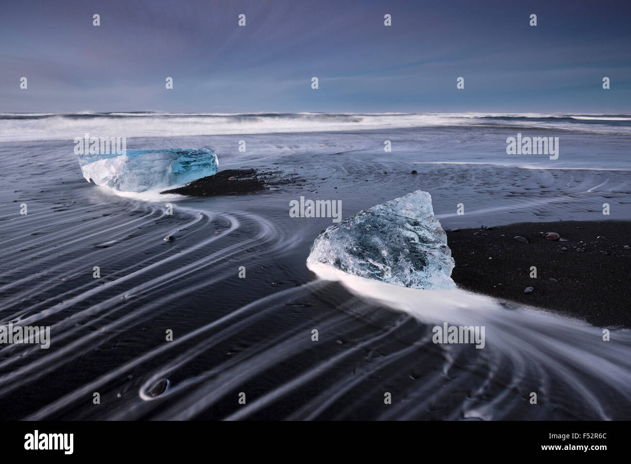 Iceland, Jökulsarlon, beach, ice, atmosphere, colour, blue, water, foam, lines, forms, structures, sky, Stock Photo