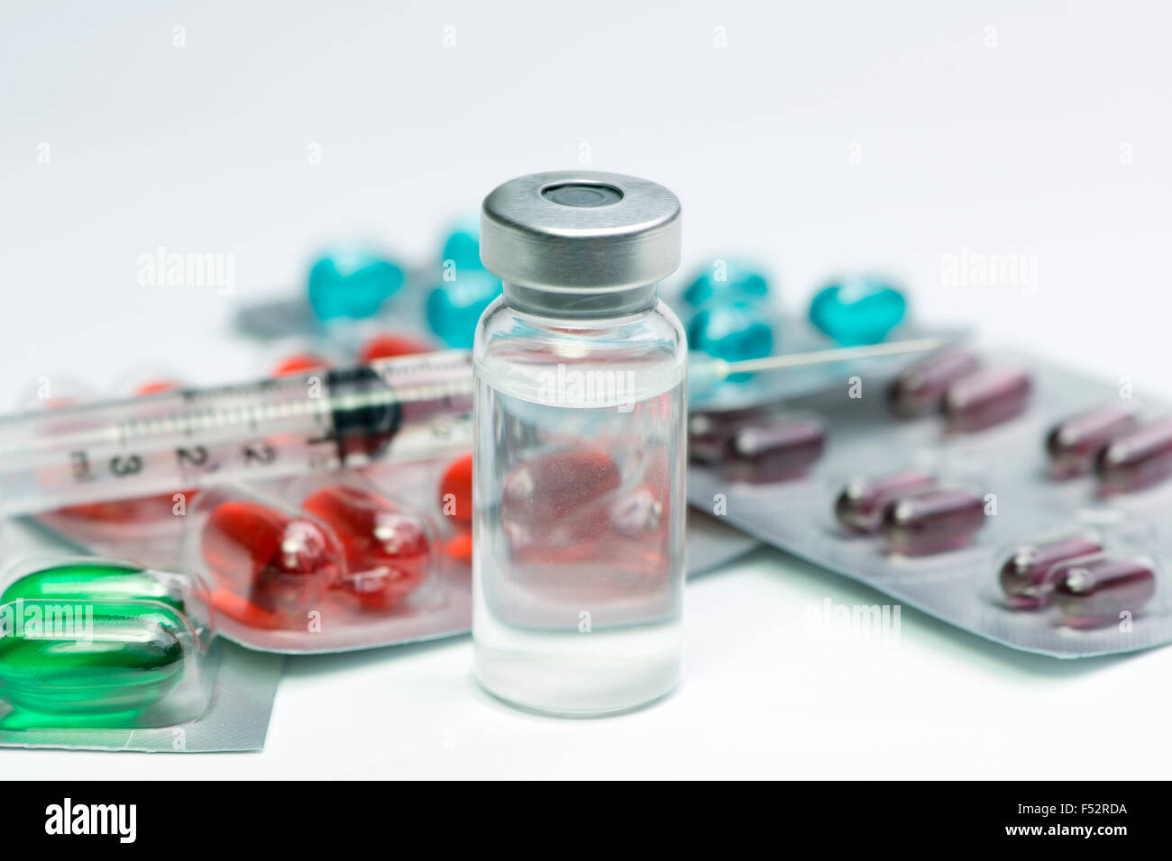 Vial with blank label, syringe and blister packs or medication Stock