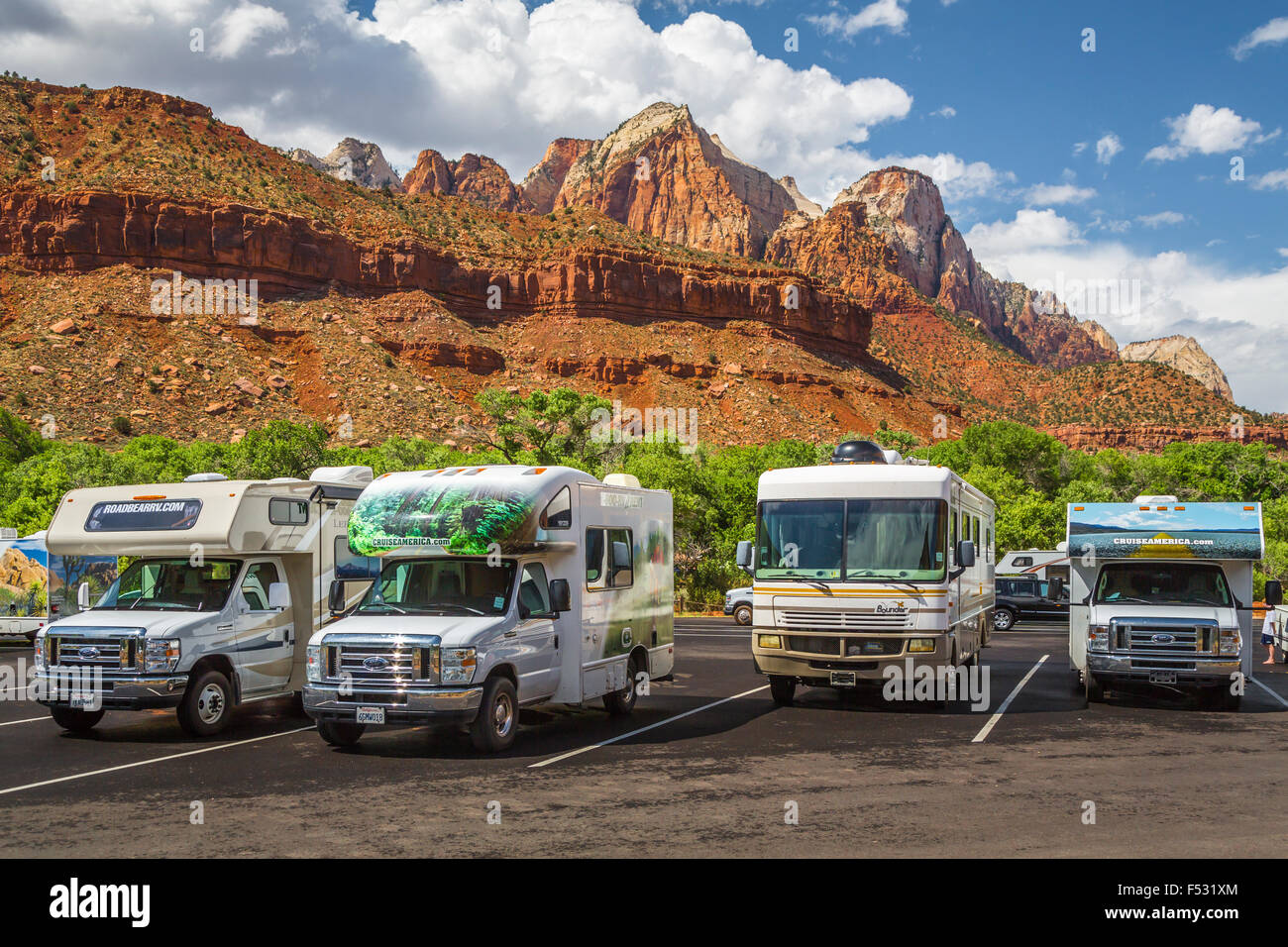 Recreational vehicles at the West Temple in Zion National Park, Utah, USA. Stock Photo