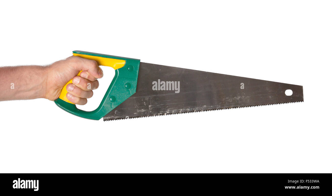 Hand with saw, isolated on white background Stock Photo