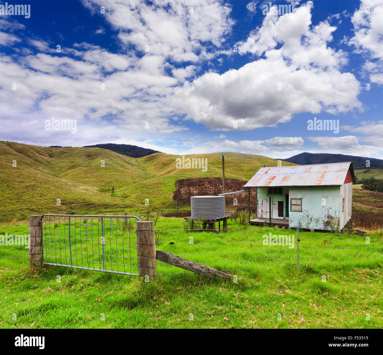 remote rural agricultural property of a cattle farm in remote regional valley of NSW, Australia Stock Photo