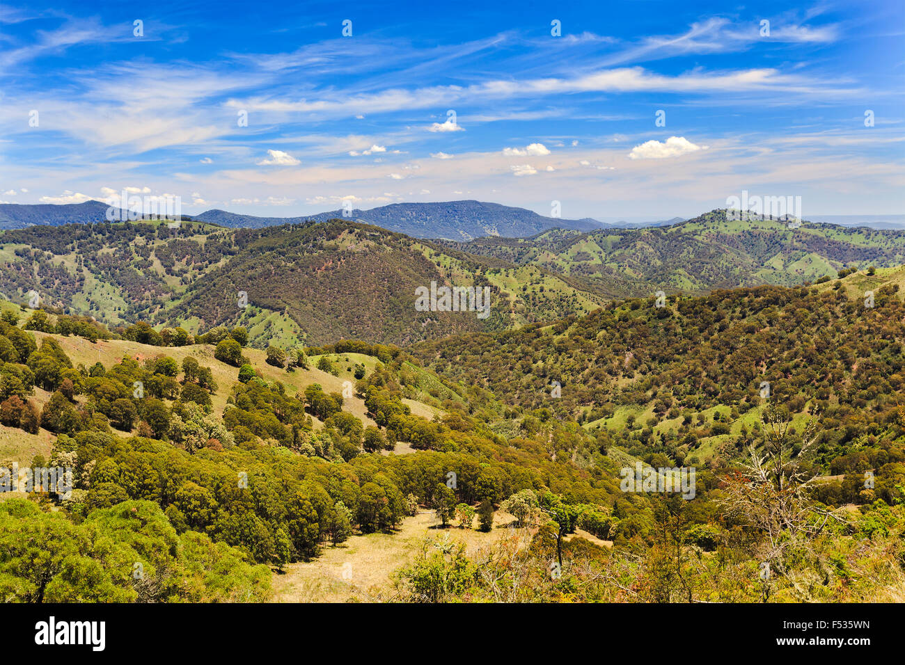 australian barrington tops mountains in national park on a sunny summer day viewed from remote lookout towards green hills Stock Photo