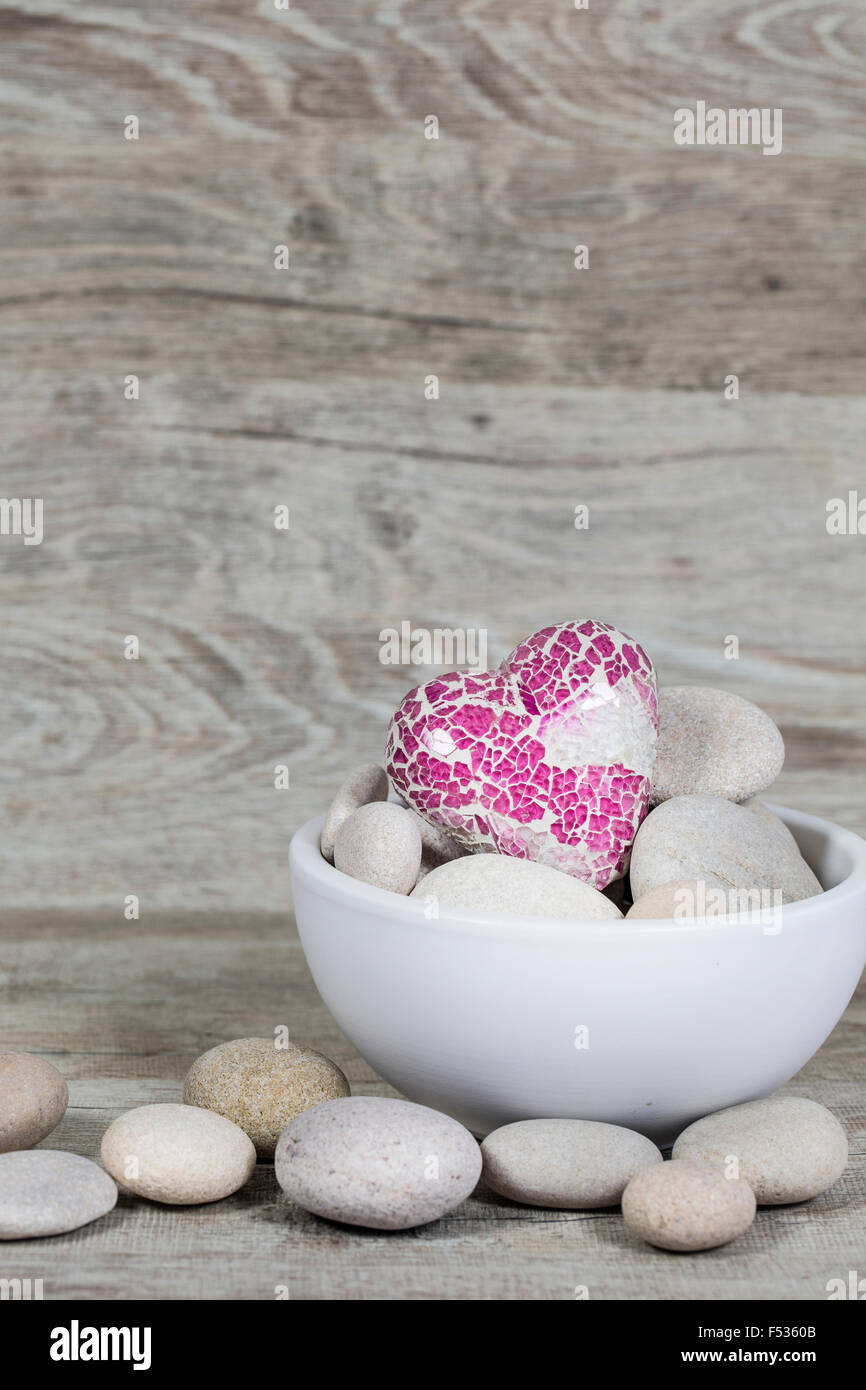 Glass heart, pink, bowl, pebble stones, white, grey, Stock Photo