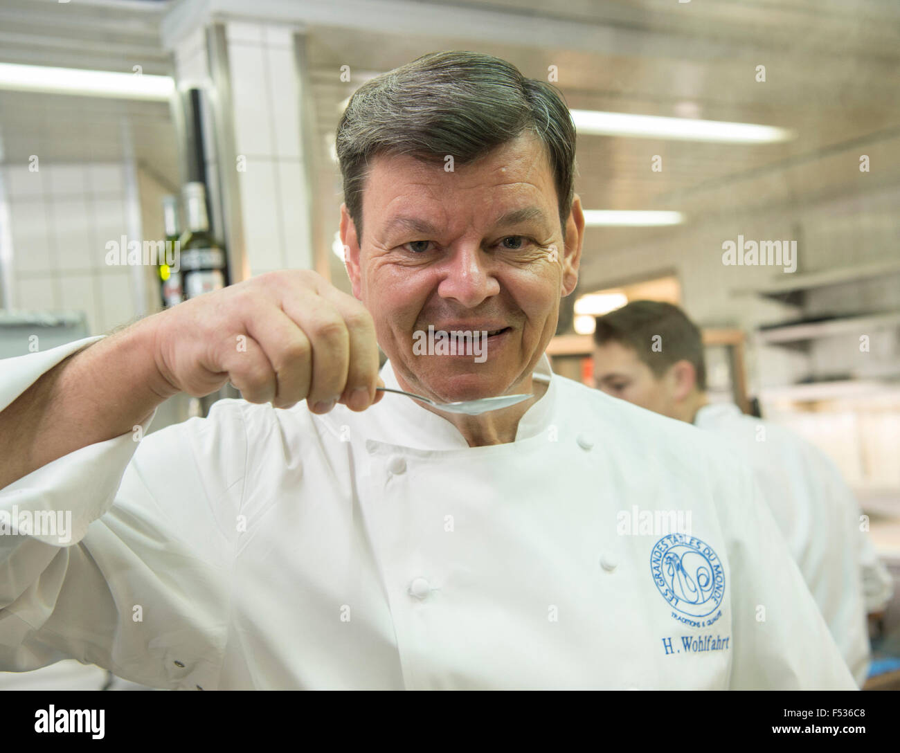 Baiersbronn, Germany. 23rd Oct, 2015. Star chef Harald Wohlfahrt standing in the kitchen of the Schwarzwaldstube at the Traube-Tonbach hotel in Baiersbronn, Germany, 23 October 2015. PHOTO: ULI DECK/DPA/Alamy Live News Stock Photo