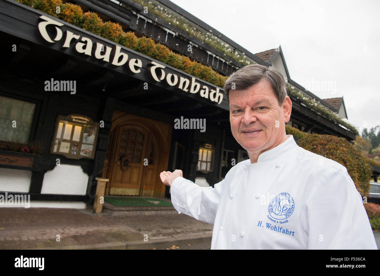 Baiersbronn, Germany. 23rd Oct, 2015. Star chef Harald Wohlfahrt standing in front of the Traube-Tonbach hotel in Baiersbronn, Germany, 23 October 2015. PHOTO: ULI DECK/DPA/Alamy Live News Stock Photo