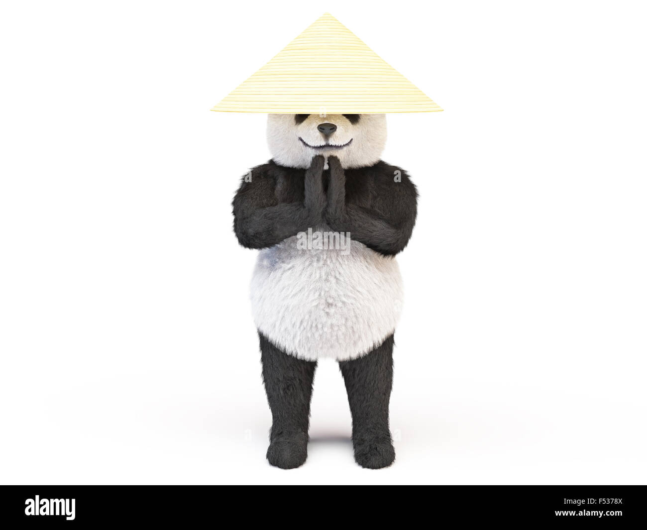 concentrated relaxed kung fu panda asian straw hat standing respectful namaste posture clasped hands greeting. animal engaged Ch Stock Photo
